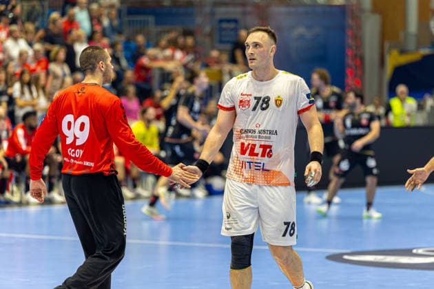 KASSEL, GERMANY - SEPTEMBER 10: Vasil Gogov (HC Vardar 1961, 99) and Wiktor Jankowski (HC Vardar 1961, 78) during the EHF Champions League, match between MT Melsungen vs. HC Vardar 1961 at Rothenbach-Halle on September 10, 2026 in Kassel, Germany. Hessen Germany Copyright: xBEAUTIFULxSPORTS Freudensteinx