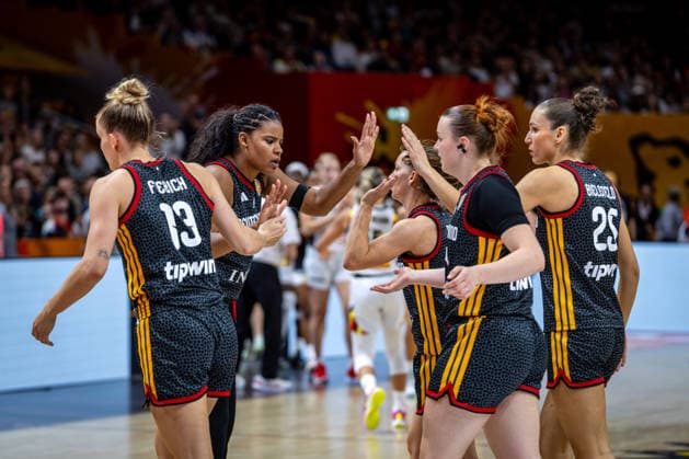 Basketball Berlin, September 10, 2026 FIBA Women’s Basketball World Cup Germany 2026 Quarterfinals: Belgium (BEL) vs. Germany (GER) Leonie Fiebich (GER), No. 13 Nyara Sabally (GER), No. 08 Britta Daub (GER), No. 19 Lina Sontag Germany, No. 24 Clara Bielefeld Germany, No. 25 Cheering