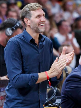 Dirk Nowitzki cheers during the FIBA Women s Basketball World Cup Germany 2026 quarterfinal match between Belgium and Germany at the Berlin Arena on September 10, 2026, in Berlin, Germany. Photo by Marco Steinbrenner, DeFodi Images