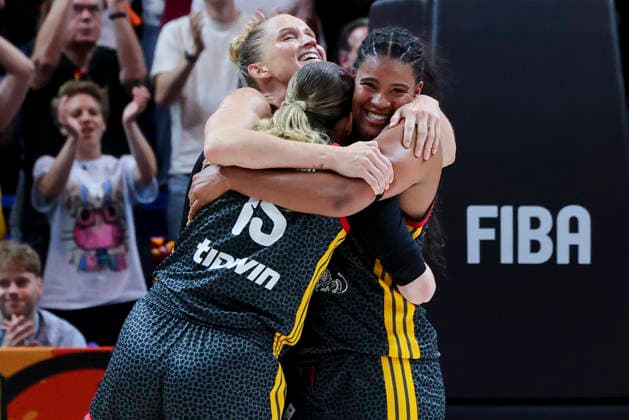 Luisa Geiselsoder (Germany), Leonie Fiebich (Germany), and Nyara Sabally (Germany) cheer during the FIBA Women s Basketball World Cup Germany 2026 quarterfinal match between Belgium and Germany at the Berlin Arena on September 10, 2026, in Berlin, Germany. Photo by Marco Steinbrenner, DeFodi Images