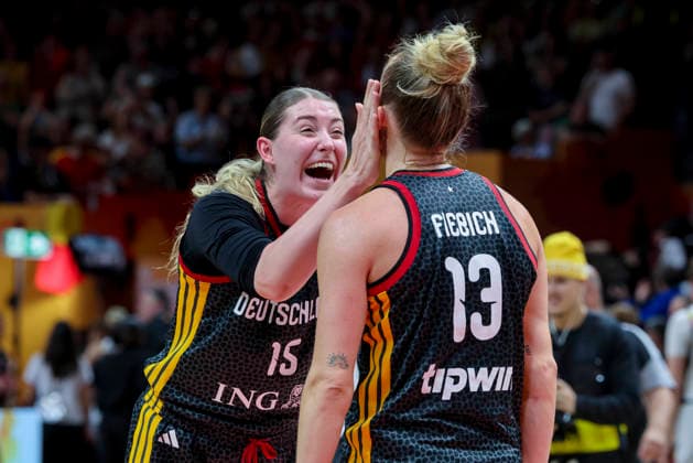 Luisa Geiselsoder of Germany and Leonie Fiebich of Germany cheer during the FIBA Women s Basketball World Cup Germany 2026 quarterfinal match between Belgium and Germany at the Berlin Arena on September 10, 2026, in Berlin, Germany. Photo by Marco Steinbrenner, DeFodi Images