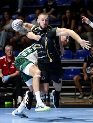 Partizan v Fuchse Berlin - EHF Champions League Simo Sijan (R) of Partizan in action during the EHF Champions League Season 2026 2027 Group Phase match between RK Partizan v Fuchse Berlin at Aleksandar Nikolic Hall on September 10, 2026 in Belgrade, Serbia. Belgrade Serbia Copyright: xSrdjanxStevanovicx x
