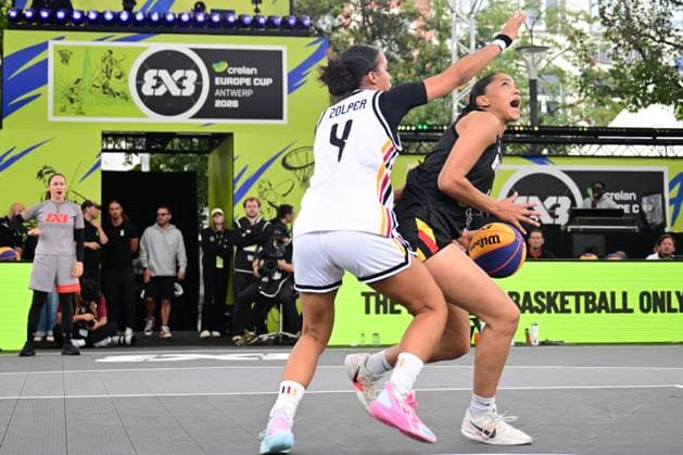 Laura Zolper and Sarah Doussou pictured during a game between Germany and Belgium, a qualifying game in Pool D at the FIBA 3x3 Europe Cup, on Friday 11 September 2026 in Antwerp. DIRKxWAEM  x185970496x
