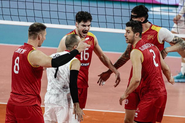 VOLLEYBALL - CEV Eurovolley Men - Pool Phase - Ukraine - North Macedonia Photo by IPA ABACAPRESS.COM88398995 - North Macedonian players celebrating a point during the CEV Enel Eurovolley 2026 pool stage match between Israel and North Macedonia — Arena 8888 in Sofia, Bulgaria, on September 11, 2026 Sofia Bulgaria  Copyright: xIPAxSport ABACAx