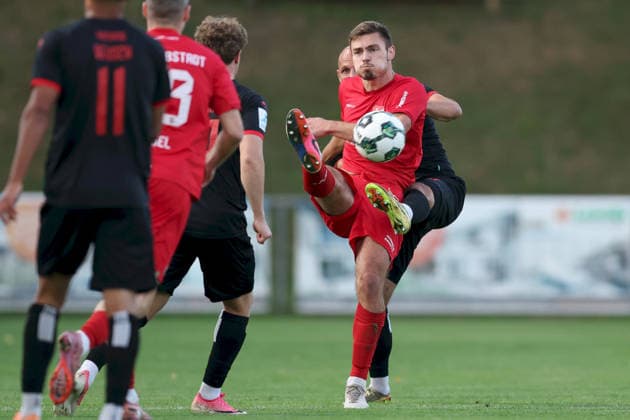 September 11, 2026, Men s, Soccer, 2026–2027 Season, Bavarian Regional League, Matchday 8: TSV Aubstadt vs. SpVgg Unterhaching; Max Grimm 9, TSV Aubstadt leads over Manuel Stiefler 8, SpVgg Unterhaching; at Sulzfeld Schulstadion, Aubstadt; NGN Arena, Bavaria, Germany