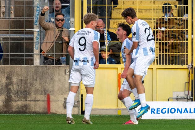 Celebrations after the 1-0 win: Fabio Wagner (9) TSV 1860 Munich, Raphael Ott (22) TSV 1860 Munich, Lance Fiedler (47) TSV 1860 Munich, TSV 1860 Munich vs. TSV Schwaben Augsburg, Soccer, Bavarian Regional League, Matchday 8, September 11, 2026. DFB regulations prohibit any use of photographs as image sequences and or quasi-video. Munich, Bavaria, Germany Copyright: xkolbert-press UlrichxGamelx
