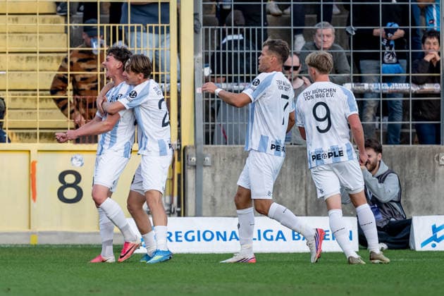 Fabio Wagner, TSV 1860 Munich, 09; Florian Niederlechner, TSV 1860 Munich, 07, and Raphael Ott (TSV 1860 Munich, 22) celebrate with Lance Fiedler (TSV 1860 Munich, 47) after his goal to make it 1–0 GER, TSV 1860 Munich vs. TSV Schwaben Augsburg, soccer, Bavarian Regional League, Matchday 8, 2026–2027 season, September 11, 2026 DFL and DFB regulations prohibit any use of photographs as image sequences and or quasi-video. Photo: HMB Media, Heike Feiner Copyright: HMBxMedia HeikexFeiner
