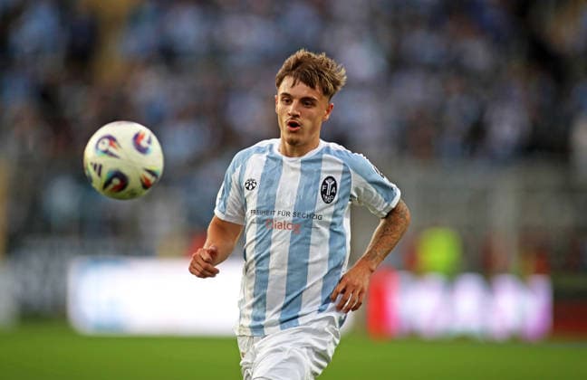 Soccer, Men s, Bavarian Regional League, 2026–2027 Season, TSV 1860 Munich vs. Schwaben Augsburg, Grünwalder Stadium; Mark Gevorgyan of TSV 1860 Munich looking at the ball