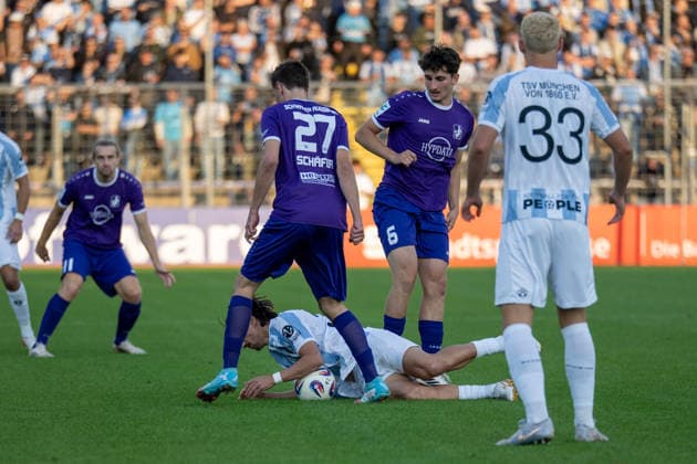 Michael Schaefer 27, TSV Schwaben Augsburg; Tunay Deniz 36, TSV 1860 Munich; TSV 1860 Munich vs. TSV Schwaben Augsburg, Soccer, Bavarian Regional League, Matchday 8, September 11, 2026. DFB regulations prohibit any use of photographs as image sequences and or quasi-video. Munich, Bavaria, Germany Copyright: xkolbert-press UlrichxGamelx
