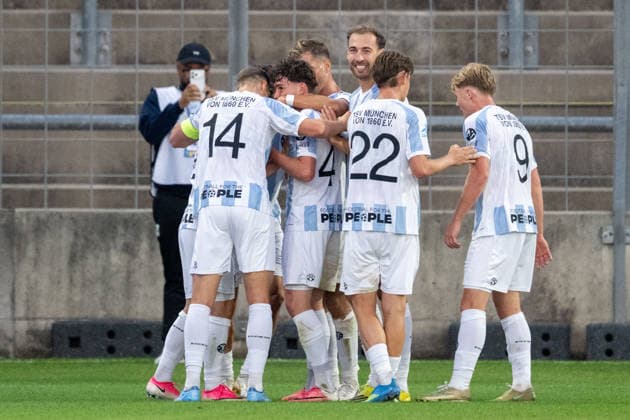 Goal celebration after the 2-0 lead, TSV 1860 Munich, TSV 1860 Munich vs. TSV Schwaben Augsburg, soccer, Bavarian Regional League, Matchday 8, September 11, 2026. DFB regulations prohibit any use of photographs as image sequences and or quasi-video. Munich, Bavaria, Germany Copyright: xkolbert-press UlrichxGamelx