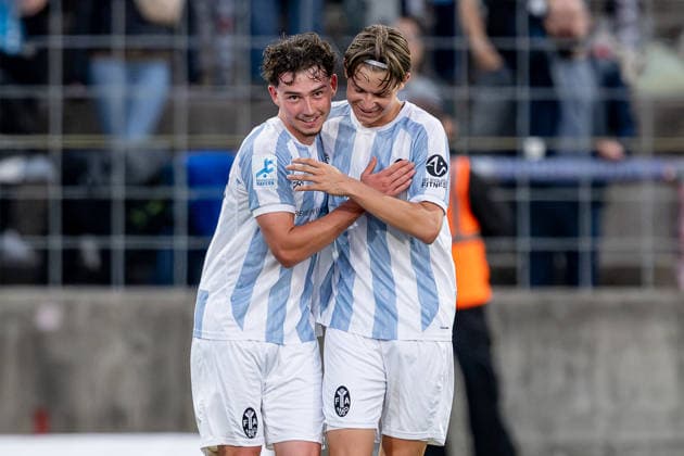 Raphael Ott, TSV 1860 Munich, 22, to Lance Fiedler, TSV 1860 Munich, 47, after his second goal to make it 2–0 GER, TSV 1860 Munich vs. TSV Schwaben Augsburg, Soccer, Bavarian Regional League, Matchday 8, 2026–2027 Season, September 11, 2026 DFL and DFB regulations prohibit any use of photographs as image sequences and or quasi-video. Photo: HMB Media, Heike Feiner Copyright: HMBxMedia HeikexFeiner
