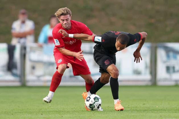 September 11, 2026, Men s, Soccer, 2026–2027 Season, Bavarian Regional League, Matchday 8: TSV Aubstadt vs. SpVgg Unterhaching; Marvin Weiß (18), TSV Aubstadt, and Alexander Beusch (11), SpVgg Unterhaching; Sulzfeld School Stadium, Aubstadt; NGN Arena, Bavaria, Germany