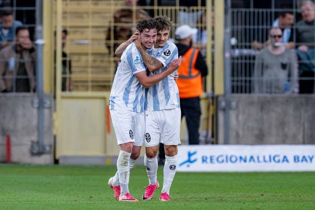 Mark Gevorgyan, TSV 1860 Munich, 24, to Lance Fiedler, TSV 1860 Munich, 47, after his second goal to make it 2–0 GER, TSV 1860 Munich vs. TSV Schwaben Augsburg, Soccer, Bavarian Regional League, Matchday 8, 2026–2027 Season, September 11, 2026 DFL DFB regulations prohibit any use of photographs as image sequences and or quasi-video. Photo: HMB Media, Heike Feiner Copyright: HMBxMedia HeikexFeiner
