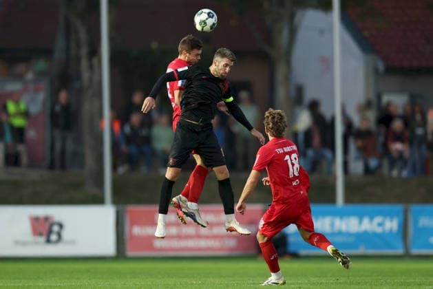 September 11, 2026, Men s, Soccer, 2026–2027 Season, Bavarian Regional League, Matchday 8: TSV Aubstadt vs. SpVgg Unterhaching; Max Grimm (9), TSV Aubstadt, and Alexander Winkler (4), SpVgg Unterhaching; Sulzfeld School Stadium, Aubstadt; NGN Arena, Bavaria, Germany