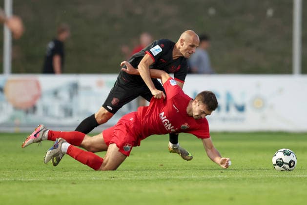 September 11, 2026, Men s, Soccer, 2026–2027 Season, Bavarian Regional League, Matchday 8: TSV Aubstadt vs. SpVgg Unterhaching—Alexander Winkler (4) for SpVgg Unterhaching and Max Grimm (9) for TSV Aubstadt; Sulzfeld Schulstadion, Aubstadt, NGN Arena, Bavaria, Germany