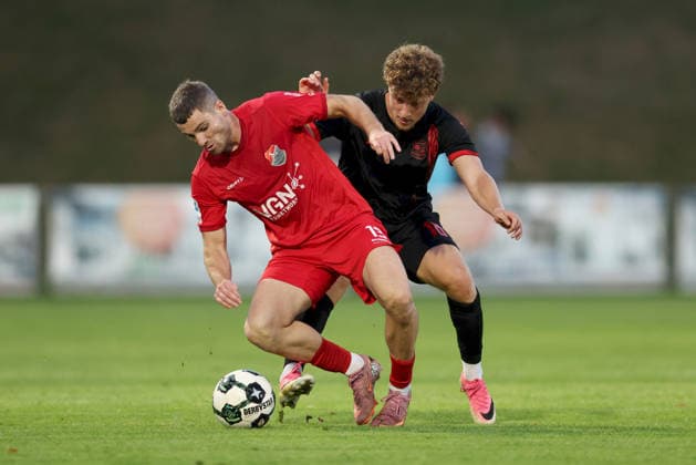 September 11, 2026, Men s, Soccer, 2026–2027 Season, Bavarian Regional League, Matchday 8: TSV Aubstadt vs. SpVgg Unterhaching; Jacob Engel (13, TSV Aubstadt) and Dominik Lindermeir (18, SpVgg Unterhaching); Sulzfeld School Stadium, Aubstadt; NGN Arena, Bavaria, Germany