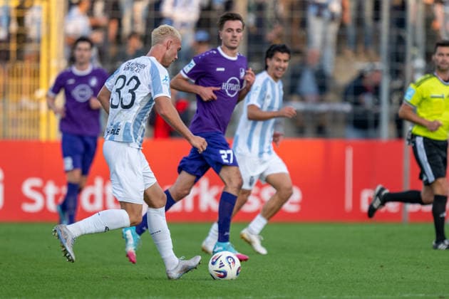 Lasse Fassmann, 33, TSV 1860 Munich; Michael Schaefer, 27, TSV Schwaben Augsburg; TSV 1860 Munich vs. TSV Schwaben Augsburg, Soccer, Bavarian Regional League, Matchday 8, September 11, 2026. DFB regulations prohibit any use of photographs as image sequences and or quasi-video. Munich, Bavaria, Germany Copyright: xkolbert-press UlrichxGamelx