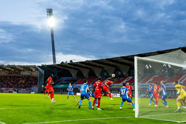 September 11, 2026, GER, Soccer, Men, Season 26–27, Northeast Regional League, Matchday 8, FC Rot Weiss Erfurt vs. RSV Eintracht 1949 (Regionaler Sportverein Eintracht 1949 e.V., Stahnsdorf, Brandenburg) Romarjo Hajrulla of FC Rot Weiss Erfurt heading the ball 99096 Erfurt, Steigerwaldstadion, grass field, Thuringia, Germany