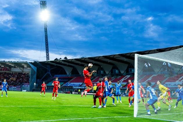 September 11, 2026, GER, Soccer, Men, 2026–2027 Season, Regionalliga Northeast, Matchday 8, FC Rot Weiss Erfurt vs. RSV Eintracht 1949 (Regionaler Sportverein Eintracht 1949 e.V., Stahnsdorf, Brandenburg), Sofiane Ikene of FC Rot Weiss Erfurt heading the ball, 99096 Erfurt, Steigerwaldstadion, natural grass field, Thuringia, Germany