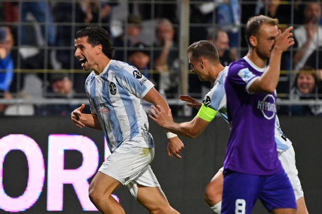Goal celebration by Tunay DENIZ of TSV 1860 Munich after the goal that made it 3–0, Celebration, joy, excitement, action—Bavarian Regional League soccer, 2026–2027 season, Matchday 8: TSV 1860 Munich vs. Schwaben Augsburg on September 11, 2026, at the Grünwalder Stadium in Munich