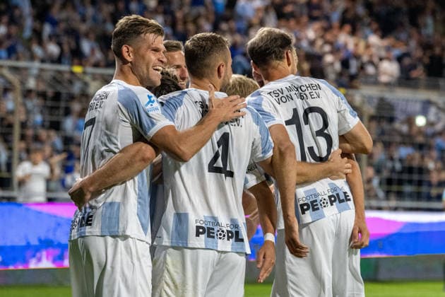 Goal celebration after the 3–0, TSV 1860 Munich, TSV 1860 Munich vs. TSV Schwaben Augsburg, Soccer, Bavarian Regional League, Matchday 8, September 11, 2026. DFB regulations prohibit any use of photographs as image sequences and or quasi-video. Munich, Bavaria, Germany Copyright: xkolbert-press UlrichxGamelx