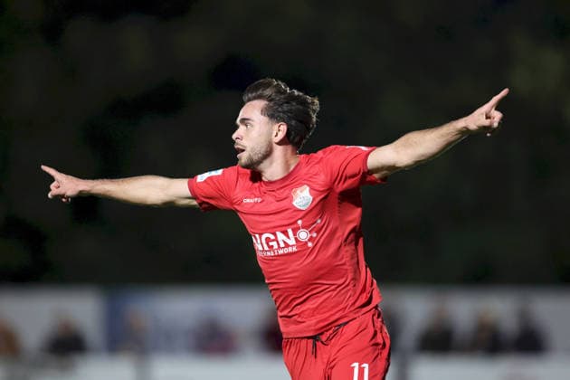 September 11, 2026, Men s, Soccer, 2026–2027 season, Bavarian Regional League, Matchday 8: TSV Aubstadt vs. SpVgg Unterhaching; Severo Sturm scores the 11th goal; TSV Aubstadt celebrates the 2–1 victory; Sulzfeld School Stadium, Aubstadt; NGN Arena, Bavaria, Germany