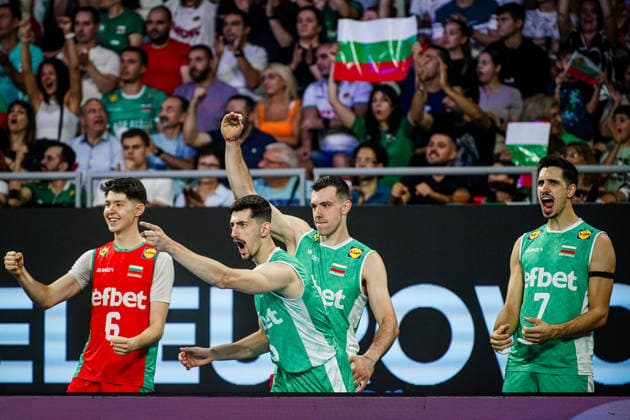 Volleyball - CEV EuroVolley 2026 Group B - Portugal vs Bulgaria - 09.11.2026 SOFIA, BULGARIA - September 11th: Zhasmin Velichkov, 6 of Bulgaria, Rusi Zhelev, 15 of Bulgaria, Asparuh Asparuhov, 8 of Bulgaria and Preslav Petkov, 7 of Bulgaria during CEV EuroVolley 2026, Group B match between Portugal vs Bulgaria at Arena 8888 in Sofia, Bulgaria, on September 11th, 2026 in Sofia, Bulgaria. Copyright: xYulianxTodorovx