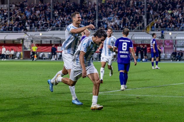 Dennis Dressel of TSV 1860 Munich (No. 14) celebrates with Tunay Deniz of TSV 1860 Munich (No. 36) after his goal made it 3–0 for Germany, TSV 1860 Munich vs. TSV Schwaben Augsburg, soccer, Bavarian Regional League, Matchday 8, 2026–2027 season, September 11, 2026 DFL and DFB regulations prohibit any use of photographs as image sequences and or quasi-video. Photo: HMB Media, Heike Feiner Copyright: HMBxMedia HeikexFeiner