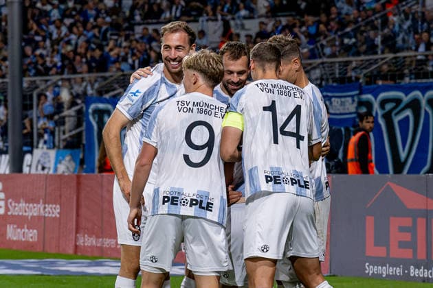 The Lions celebrate with Tunay Deniz of TSV 1860 Munich, 36, whose goal made it 3–0 GER, TSV 1860 Munich vs. TSV Schwaben Augsburg, soccer, Bavarian Regional League, Matchday 8, 2026–2027 season, September 11, 2026 DFL DFB regulations prohibit any use of photographs as image sequences and or quasi-video. Photo: HMB Media, Heike Feiner Copyright: HMBxMedia HeikexFeiner