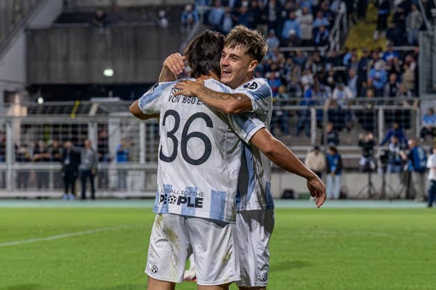 Mark Gevorgyan of TSV 1860 Munich, 24, celebrates with Tunay Deniz of TSV 1860 Munich, 36, whose goal made it 3–0 for Germany, TSV 1860 Munich vs. TSV Schwaben Augsburg, soccer, Bavarian Regional League, Matchday 8, 2026–2027 season, September 11, 2026 DFL and DFB regulations prohibit any use of photographs as image sequences and or quasi-video. Photo: HMB Media, Heike Feiner Copyright: HMBxMedia HeikexFeiner