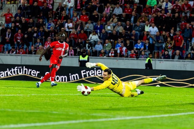 September 11, 2026, GER, Soccer, Men, 2026–27 Season, Northeast Regional League, Matchday 8, FC Rot Weiss Erfurt vs. RSV Eintracht 1949 (Regionaler Sportverein Eintracht 1949 e.V., Stahnsdorf, Brandenburg) Raphael Assibey Mensah FC Rot Weiss Erfurt wins 2–0 99096 Erfurt Steigerwaldstadion, grass field, Thuringia, Germany