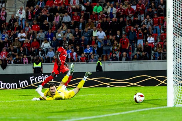 September 11, 2026, GER, Soccer, Men, 2026–27 Season, Northeast Regional League, Matchday 8, FC Rot Weiss Erfurt vs. RSV Eintracht 1949 (Regionaler Sportverein Eintracht 1949 e.V., Stahnsdorf, Brandenburg) Raphael Assibey Mensah FC Rot Weiss Erfurt wins 2–0 99096 Erfurt Steigerwaldstadion, grass field, Thuringia, Germany