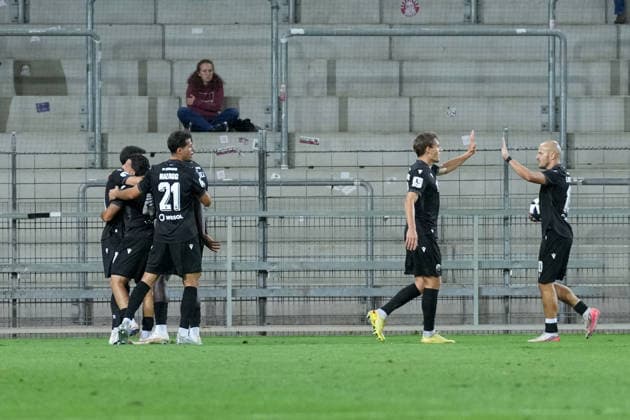 Goal celebration, excitement, shot on goal, finish, goal scored, goal, hit, Germany, soccer, Regionalliga Südwest, Matchday 7, 2026–2027, SC Freiburg II vs. SV Sandhausen, September 11, 2026, Dreisamstadion, Freiburg, Dreisamstadion, Baden-Württemberg, Germany Copyright: xArnexAmbergx