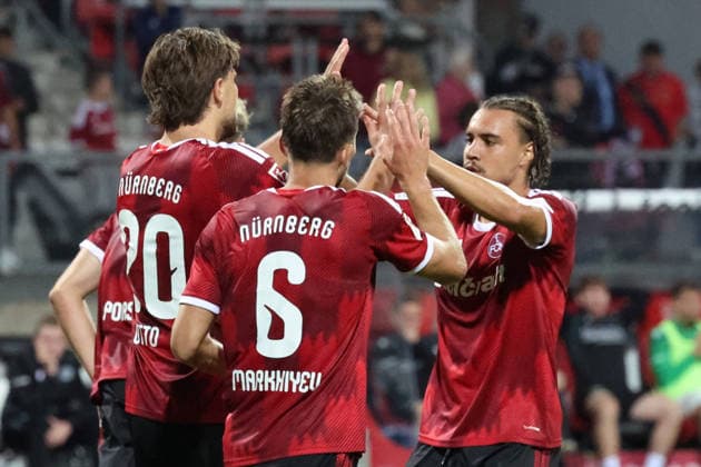 11.09.2026, xrekx, Fussball 2.Bundesliga, 1. FC Nuernberg - Hannover 96 v.l. Fynn Otto (1.FC Nuernberg) Adam Markhiev (1.FC Nuernberg) Rafael Lubach (1.FC Nuernberg) Mannschaft, Spieler, jubeln nach Spielende, Team, Player, celebrate at the end of the match (DFL DFB REGULATIONS PROHIBIT ANY USE OF PHOTOGRAPHS as IMAGE SEQUENCES and or QUASI-VIDEO) Nuernberg *** September 11, 2026, xrekx, Soccer 2. Bundesliga, 1. FC Nuremberg vs. Hannover 96: Fynn Otto (1. FC Nuremberg), Adam Markhiev (1. FC Nuremberg), Rafael Lubach (1. FC Nuremberg). 1. FC Nuremberg team, players celebrating at the end of the match, team, players, celebrating at the end of the match DFL DFB REGULATIONS PROHIBIT ANY USE OF PHOTOGRAPHS as IMAGE SEQUENCES and or QUASI-VIDEO Nuremberg