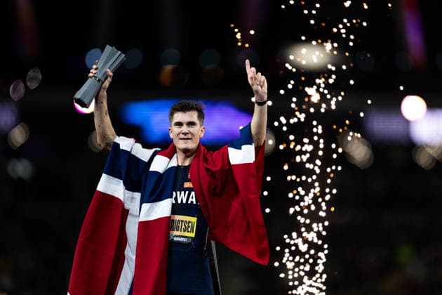September 11, 2026: Jakob Asserson Ingebrigtsen of Norway celebrates with the trophy after winning the men’s 5,000-meter final during the 2026 World Athletics Ultimate Championship on September 11, 2026 in Budapest. Photo: Joel Marklund. BILDBYRAN code: JM JM0850 bbeng track and field athletics friidrett 2026 World Athletics Ultimate Championship Budapest 26 Norway  Copyright: JOELxMARKLUND BB260911JM042