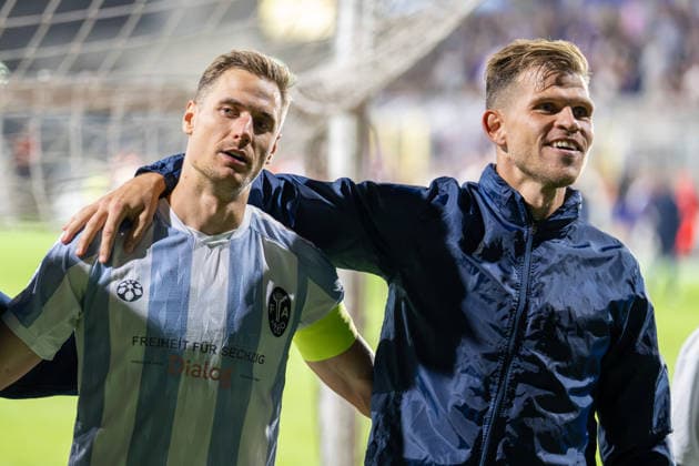 Dennis Dressel (No. 14), TSV 1860 Munich, and Florian Niederlechner (No. 7), TSV 1860 Munich, among the fans, TSV 1860 Munich vs. TSV Schwaben Augsburg, soccer, Bavarian Regional League, Matchday 8, September 11, 2026. DFB regulations prohibit any use of photographs as image sequences and or quasi-video. Munich, Bavaria, Germany Copyright: xkolbert-press UlrichxGamelx