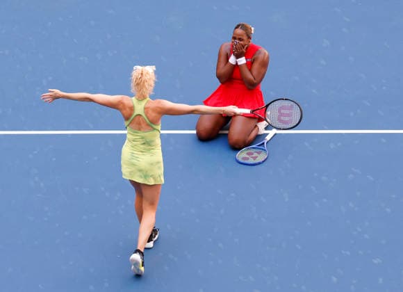Katerina Siniakova of Czechia and Taylor Townsend (R) celebrate after winning the Women s Doubles Final in Arthur Ashe Stadium at the 2026 US Open Tennis Championship at the USTA Billie Jean King National Tennis Center in New York City on Friday, September 11, 2026. They defeated Robin Montgomery and Ashlyn Krueger 5-7, 6-0, 6-2.  NYP20260911803 JOHNxANGELILLO