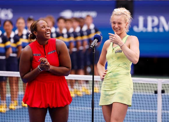 Katerina Siniakova of Czechia (R) and Taylor Townsend celebrate after winning the Women s Doubles Final in Arthur Ashe Stadium at the 2026 US Open Tennis Championship at the USTA Billie Jean King National Tennis Center in New York City on Friday, September 11, 2026. They defeated Robin Montgomery and Ashlyn Krueger 5-7, 6-0, 6-2.  NYP20260911805 JOHNxANGELILLO