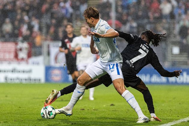 3rd Division FC Viktoria Köln vs. Hansa Rostock, September 11, 2026, Florian Carstens, Hansa Rostock, 17, Yannick Tonye, FC Viktoria Köln, 7 3rd Division FC Viktoria Köln vs. Hansa Rostock, Sportpark Höhenberg, Cologne, September 11, 2026. DFB regulations prohibit any use of photographs as image sequences and or quasi-video Copyright: xBEAUTIFULxSPORTS Buriakovx