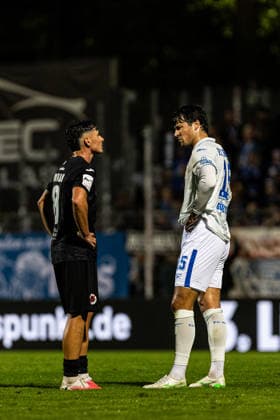 3. Liga: FC Viktoria Köln vs. Hansa Rostock, September 11, 2026; Taylan Duman (FC Viktoria Köln, No. 8) and Ahmet Gürleyen (Hansa Rostock, No. 15) after the game; 3. Liga: FC Viktoria Köln vs. Hansa Rostock at Sportpark Höhenberg, Cologne, September 11, 2026. DFB regulations prohibit any use of photographs as image sequences and or quasi-video. Copyright: xBEAUTIFULxSPORTS Buriakovx