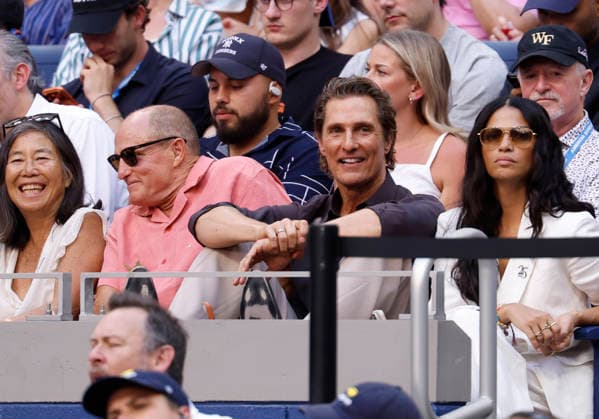 Matthew McConaughey and his wife Camila Alves sit with Woody Harrelson and his wife Laura Louie during a Men s semifinals match between Alexander Zverev of Germany and Karen Khachano in Arthur Ashe Stadium at the 2026 US Open Tennis Championship at the USTA Billie Jean King National Tennis Center in New York City on Friday, September 11, 2026.  NYP20260911821 JOHNxANGELILLO