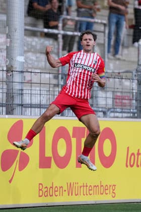 Fabian Rüdlin Fabian Ruedlin SC Freiburg II, 05 Goal celebration, Emotions, Shot on goal, Finish, Goal scored, Goal, Hit, Germany, Soccer, Regionalliga Südwest, Matchday 7, 2026 2027, SC Freiburg II vs. SV Sandhausen, September 11, 2026, Dreisamstadion, Freiburg, Dreisamstadion, Baden-Württemberg, Germany Copyright: xArnexAmbergx