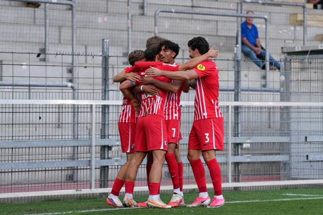 Fabian Rüdlin Fabian Ruedlin SC Freiburg II, 05, Krish Raweri SC Freiburg II, 07, Anthony Jung SC Freiburg II, 03 Goal celebration, Emotions, Shot on goal, Finish, Goal scored, Goal, Goal, Germany, Soccer, Regionalliga Southwest, Matchday 7, 2026–2027, SC Freiburg II vs. SV Sandhausen, September 11, 2026, Dreisamstadion, Freiburg, Dreisamstadion, Baden-Württemberg, Germany Copyright: xArnexAmbergx