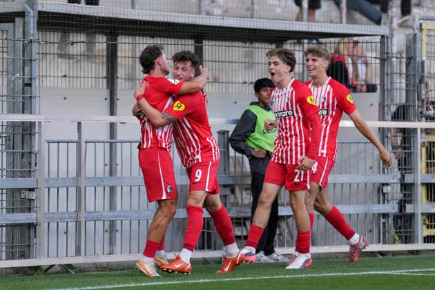 Fabian Rüdlin Fabian Ruedlin SC Freiburg II, 05, Leon Catak SC Freiburg II, 09, Mladen Mijajlovic SC Freiburg II, 21, Marius Klein SC Freiburg II, 04 Goal celebration, Emotions, Shot on goal, Finish, Goal scored, Goal, Hit, Germany, Soccer, Regionalliga Southwest, Matchday 7, 2026–2027, SC Freiburg II vs. SV Sandhausen, September 11, 2026, Dreisamstadion, Freiburg, Dreisamstadion, Baden-Württemberg, Germany Copyright: xArnexAmbergx