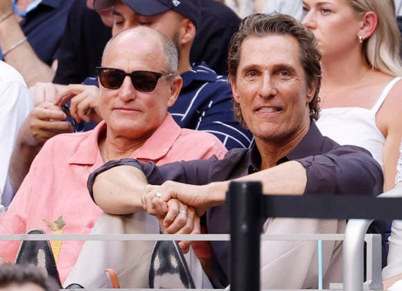 Matthew McConaughey and Woody Harrelson watch a Men s semifinals match between Alexander Zverev of Germany and Karen Khachano in Arthur Ashe Stadium at the 2026 US Open Tennis Championship at the USTA Billie Jean King National Tennis Center in New York City on Friday, September 11, 2026.  NYP20260911822a JOHNxANGELILLO