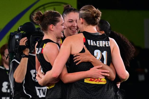 Belgian Cats celebrate after winning a 3x3 basketball game between Poland and Belgium, a qualifying game in Pool D at the FIBA 3x3 Europe Cup, on Friday 11 September 2026 in Antwerp. DIRKxWAEM  x186013837x
