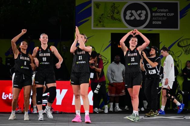 Belgian Cats celebrate after winning a 3x3 basketball game between Poland and Belgium, a qualifying game in Pool D at the FIBA 3x3 Europe Cup, on Friday 11 September 2026 in Antwerp. DIRKxWAEM  x186014110x