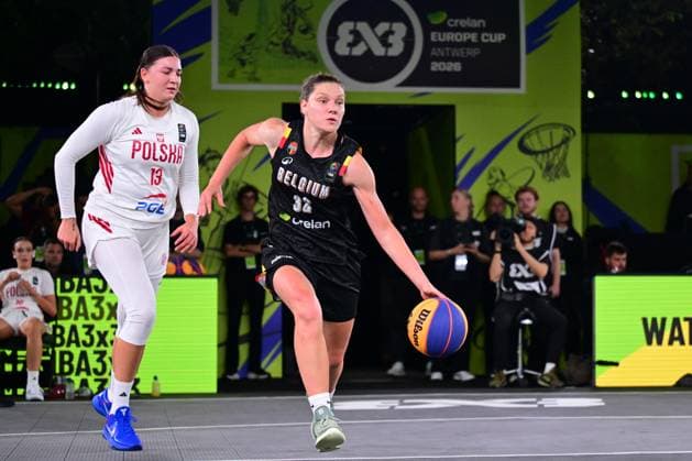 Klaudia Nielzwiedzka and Heleen Nauwelaers pictured during a 3x3 basketball game between Poland and Belgium, a qualifying game in Pool D at the FIBA 3x3 Europe Cup, on Friday 11 September 2026 in Antwerp. DIRKxWAEM  x186014323x