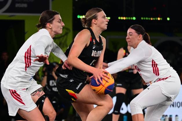 Axelle Van Eupen and Aldona Morawiec pictured during a 3x3 basketball game between Poland and Belgium, a qualifying game in Pool D at the FIBA 3x3 Europe Cup, on Friday 11 September 2026 in Antwerp. DIRKxWAEM  x186014404x