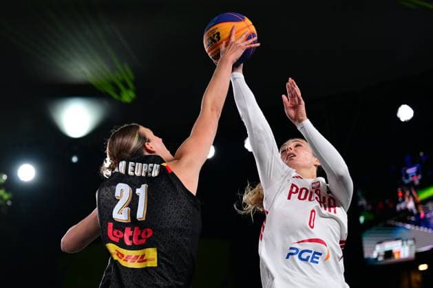 Axelle Van Eupen and Dobrochna Bogus pictured during a 3x3 basketball game between Poland and Belgium, a qualifying game in Pool D at the FIBA 3x3 Europe Cup, on Friday 11 September 2026 in Antwerp. DIRKxWAEM  x186014505x